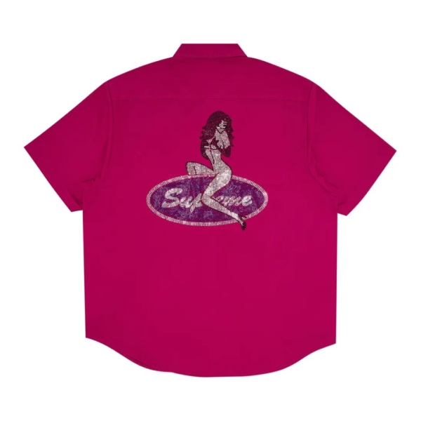 Supreme Rhinestone Pin Up Short-Sleeve Work Shirt Fuchsia